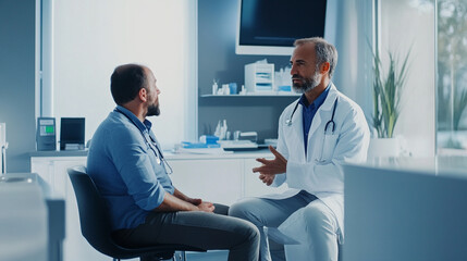A doctor wearing a white coat consulting with a patient in a modern clinic