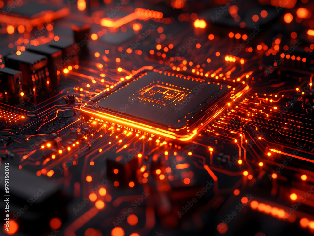 Poster 3d render of a circuit board technology background with glowing cpu, network, data, and electronic c