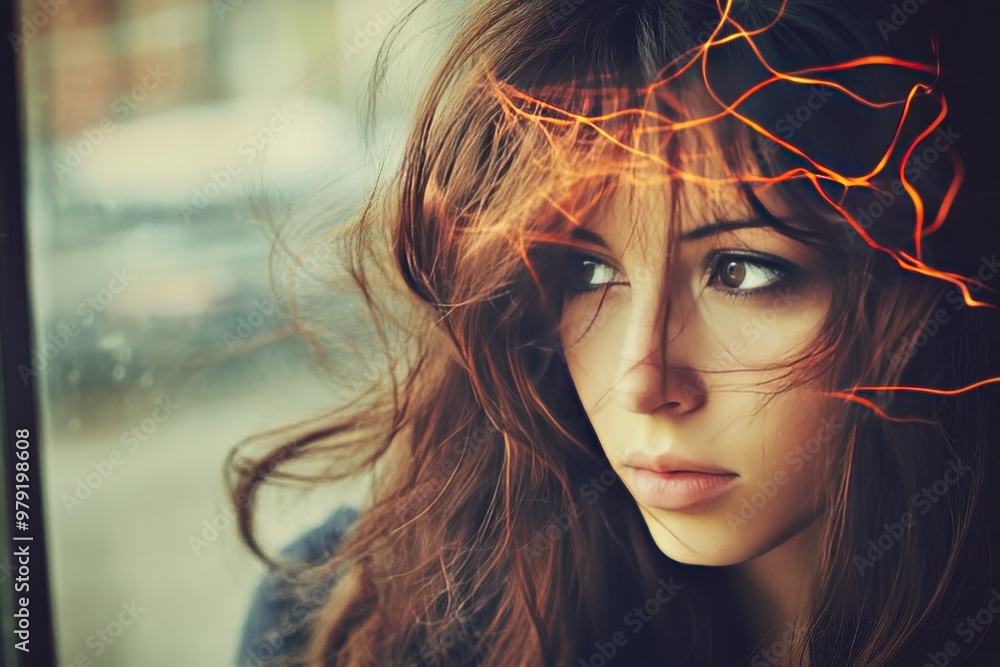 Poster woman with brain circuit like patterns on her forehead representing artificial intelligence deep tho