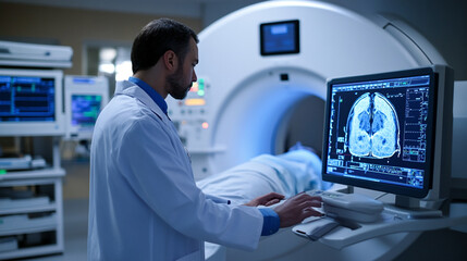 A medical technician operating an advanced mri scanner in a hospital