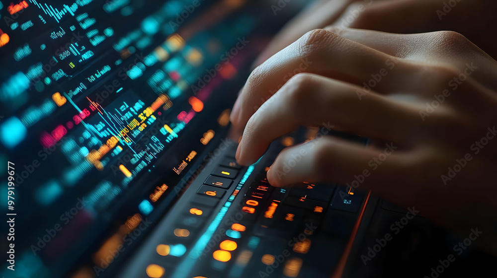 Poster futuristic digital illustration of hands typing on a laptop keyboard with glowing data charts in the