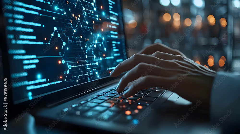 Poster data analysis - technology background image of hands typing on laptop with futuristic blue interface