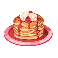Pancakes stack with whipped cream and raspberry on cartoon plate. Red berry sauce or syrup flowing over fluffy flapjacks pile, American cuisine mascot, cartoon breakfast pancakes vector illustration