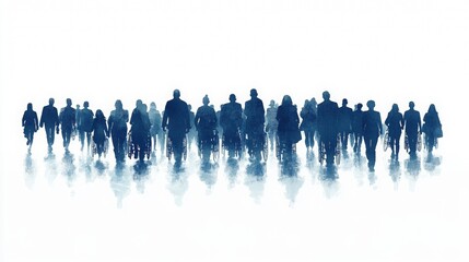 Silhouettes of a lot of people walking in a parade. View from the back. white background