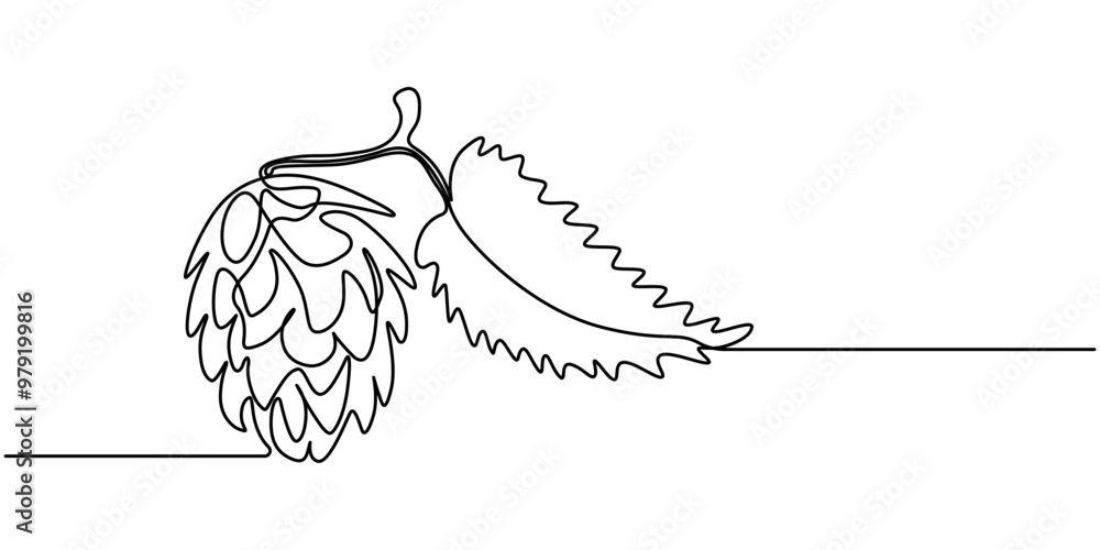 Poster abstract branch and cones hop continuous drawing in one line, hop twig vector sketch. one continuous