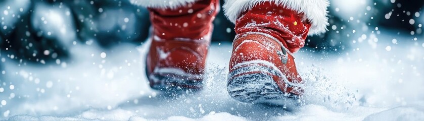 A close-up view of red boots walking through fresh snow, creating a magical winter scene with falling snowflakes.