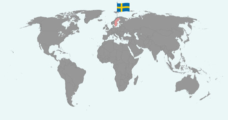 Obraz premium Pin map with Sweden flag on world map. Vector illustration.