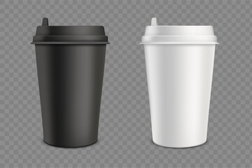 Mockup black and white disposable paper coffee mug. Template isolated on transparent background. Vector illustration.