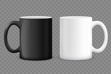Mockup black and white ceramic mug. Template isolated on transparent background. Vector illustration.
