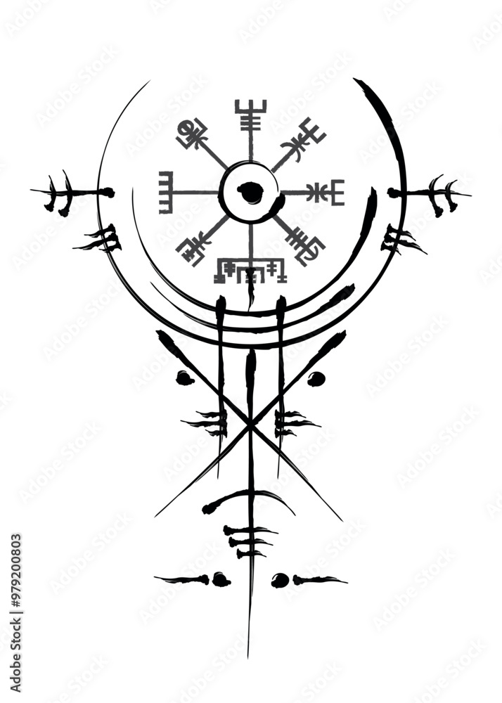 Wall mural hand drawn vegvisir ancient navigation compass. old magic sign celtic art deco. the vikings used man