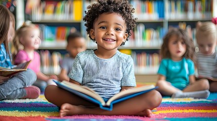 Smiling Black boy enjoying storytime with friends in a colorful library setting.