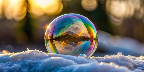 A soap bubble on the snow in the forest