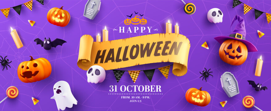 Halloween Promotion Poster or banner template with halloween pumpkin,Witch Hat,Ghosts,bats, skulls,candy,candles and festive decorations.Perfect for halloween Trick or Treat,Website spooky or banner