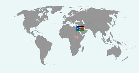 Pin map with South Sudan flag on world map. Vector illustration.