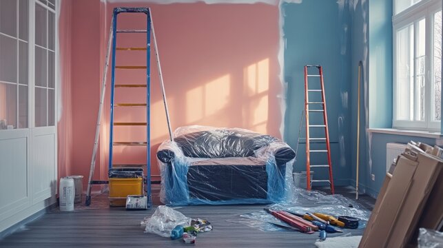 A home improvement scene featuring a full room makeover, with new wall colors being applied, furniture covered in plastic, and painting tools arranged neatly