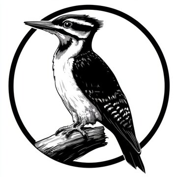 recommend clip art: Black and white illustration of a woodpecker perched on a branch inside a circle.