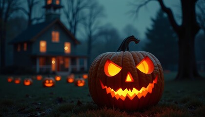  Eerie Halloween night with jackolanterns and a haunted house