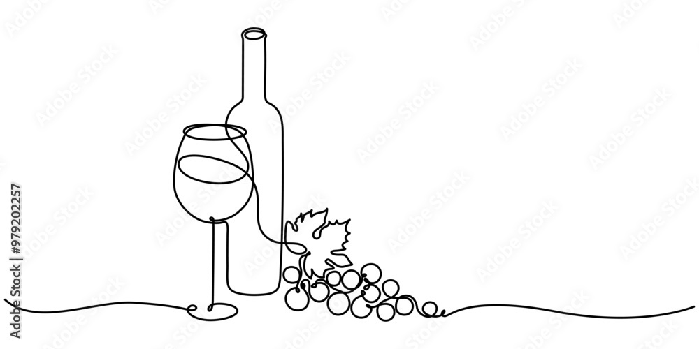 Aufkleber bottle of wine with wineglass and grape bunch in continuous line art drawing style. wine list. minim