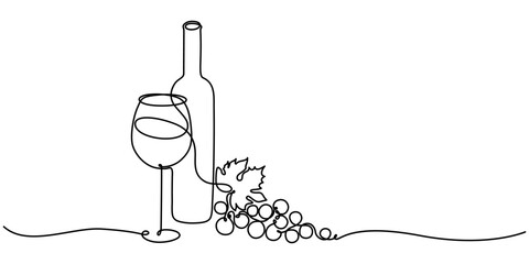 Bottle of wine with wineglass and grape bunch in continuous line art drawing style. Wine list. Minimalist black linear sketch isolated on white background. Vector illustration, continuous line drawing