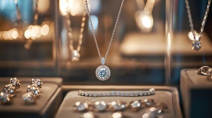 A jewelry display featuring a fine diamond pendant and bracelet, with delicate chains and small diamonds shimmering under soft light, creating an atmosphere of elegance
