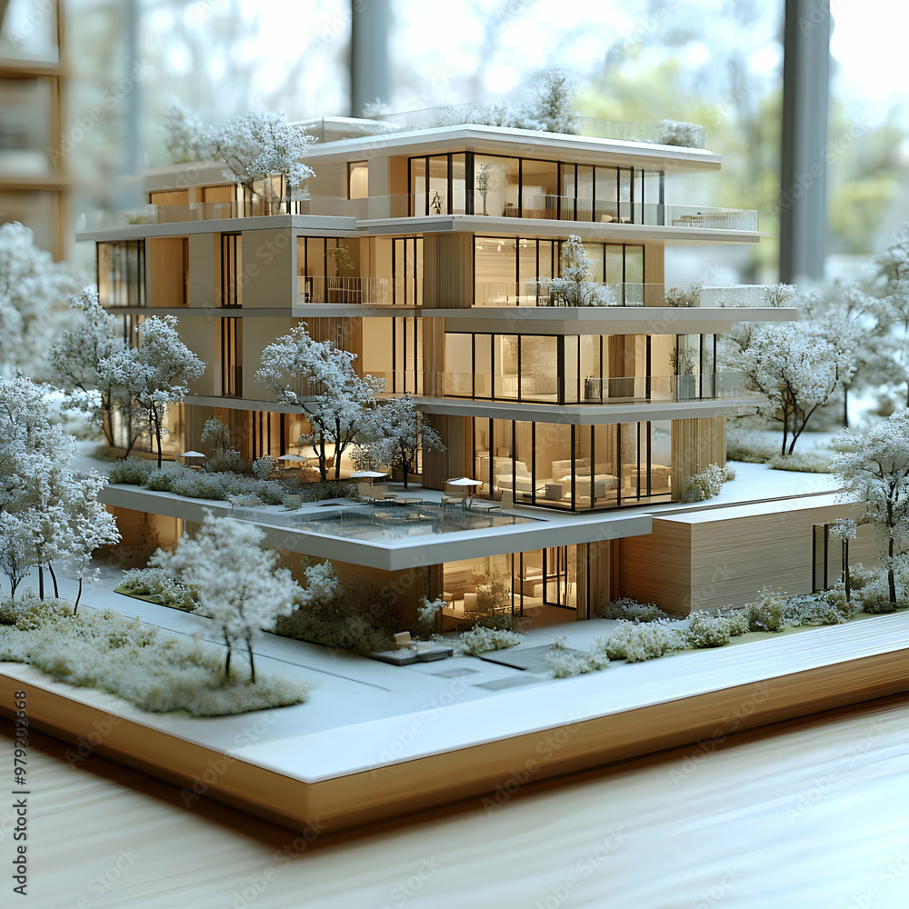 Poster architectural model photorealistic rendering: modern apartment building with pool and landscaping