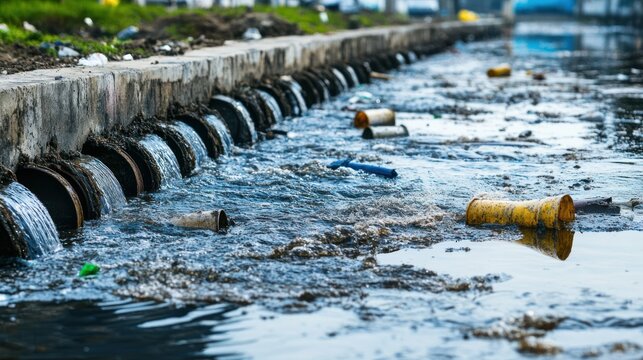 Illustration Dirty water flowing out of an old rusty pipe. Ai generated image