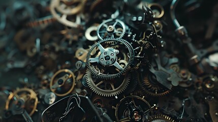Intricate dismantled mechanical watch with detailed gears and springs on dark background, symbolizing precision and complexity in teardown analysis.