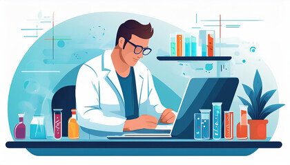 Laboratory technician performing liquid sample tests at a modern laboratory workspace, illustration generated AI