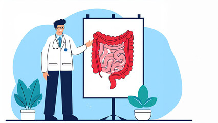 A gastroenterologist reviews a healthy intestine poster during a patient consultation, illustration generative AI