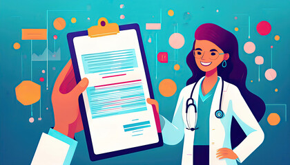 A doctor presents a medical insurance policy to a patient in clinic, illustration generated AI