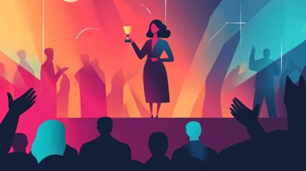 A leadership recognition ceremony where a female CEO is honored for her business success, holding her award on a stage, surrounded by an applauding crowd