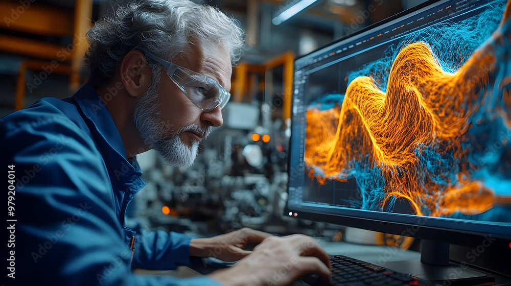 Poster industrial design engineer working on computer with abstract 3d design software in modern factory - 