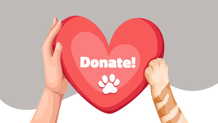 Cats cartoon paw and human hand holding red heart with motivation text Donate. Funny banner design for volunteers fundraising organization, donation to dog and cat shelter cartoon vector illustration