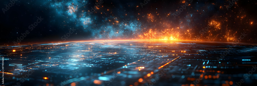 Poster abstract background - cyberpunk cityscape with binary code and orange glow