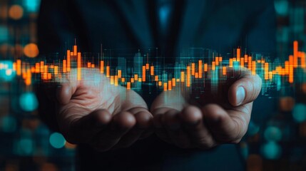 stock market graph, visuals in air, on the hand of businessman