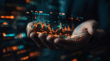 stock market graph, visuals in air, on the hand of businessman