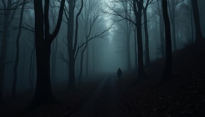 Fototapeta premium Lone hiker braves the misty forest path