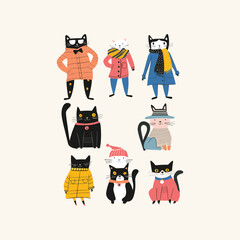 Hand drawn vector set of cute funny various cats wearing various clothes design illustration