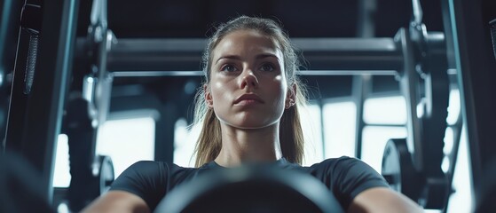 Fototapeta premium Woman powerlifting in a hightech gym, concentrated effort, advanced equipment, modern fitness gear, fitness training, woman, power and precision