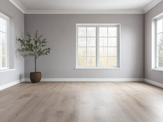 Minimalist interior design of an empty room featuring large windows and a potted plant during daylight