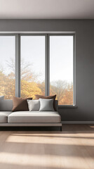 Fototapeta premium Modern living room with large windows showcasing autumn foliage and a comfortable sofa in soft colors