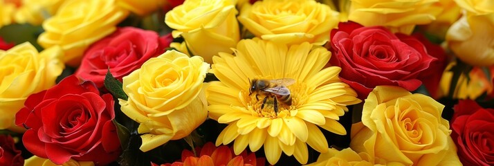 Fototapeta premium Bee on Yellow Gerbera in Colorful Flower Arrangement, Close-Up View, Blooming Flowers