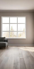 Fototapeta premium Bright and airy living room with large window showcasing nature outside during daytime
