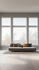 Fototapeta premium Spacious living room with large windows, a cozy sofa, and a warm atmosphere during a sunny afternoon