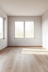 Fototapeta premium Bright and empty room with large windows and wooden flooring, perfect for modern living or office space in daylight