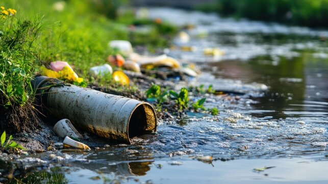 Illustration Dirty water flowing out of an old rusty pipe. Ai generated image