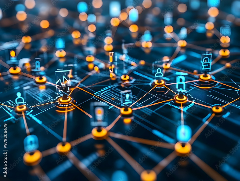 Aufkleber abstract illustration of technology network connections with data and security icons