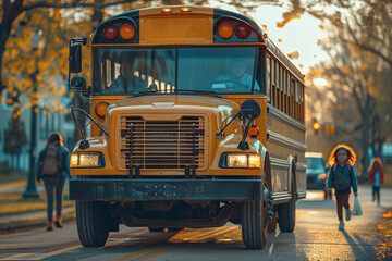 Children are boarding a school bus at a bus stop in the suburbs, teen and pre-teen students together, school day morning, routine and learning.