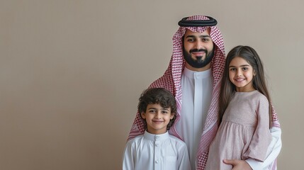 Arab Saudi father with son and daughter, happy arbaia family