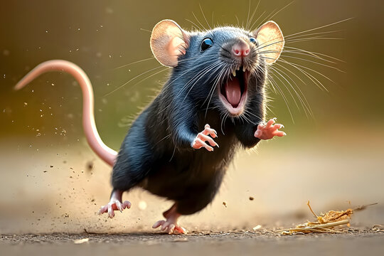 Big gray rat running away while screaming and looking scared